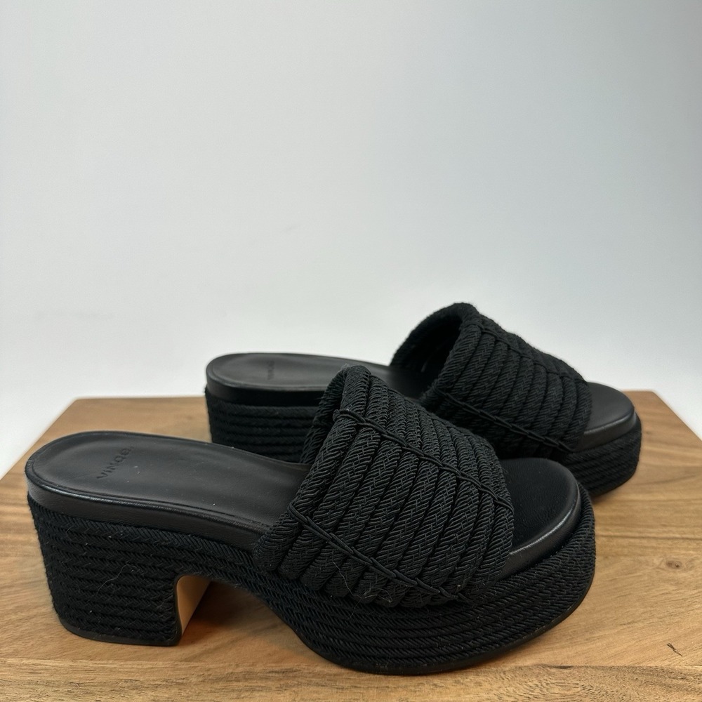 New Womens Vince Margo Cord Black Faux Leather Slip On Platform Sandals Size 6 M